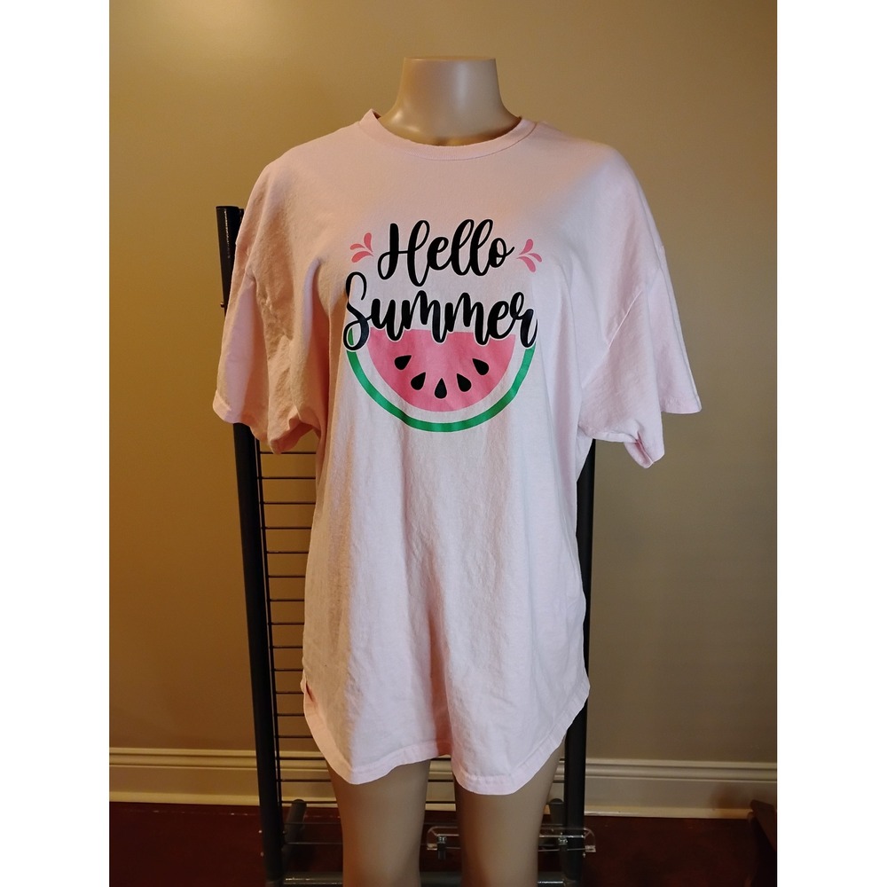 Gildan Hello Summer Watermelon Graphic‎ T-Shirt Pink Womens XL Heavy Cotton Tee